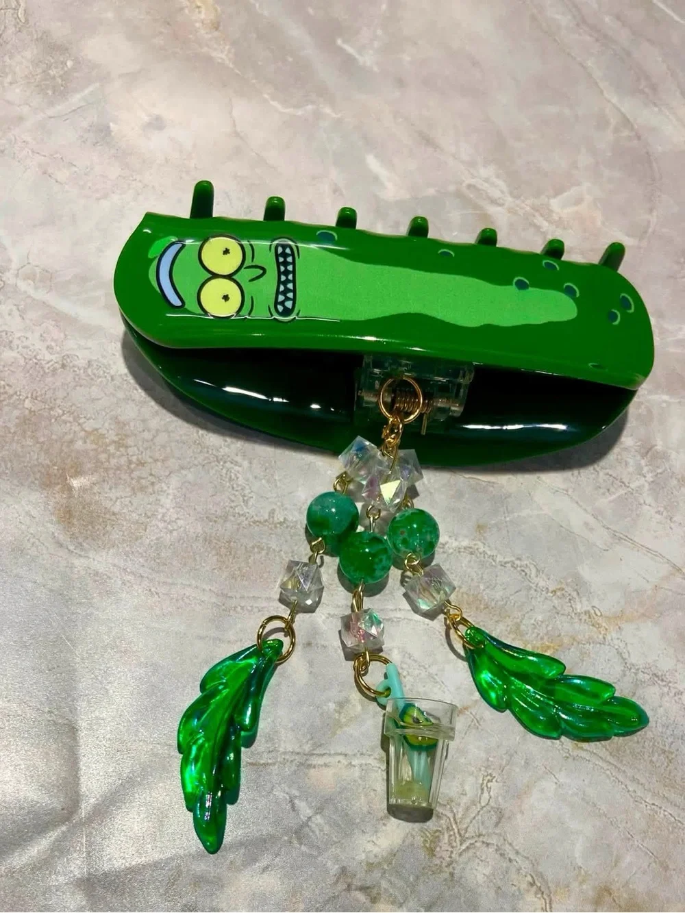 Green Cartoon Pickle Hair Clip with Dangling Charms by